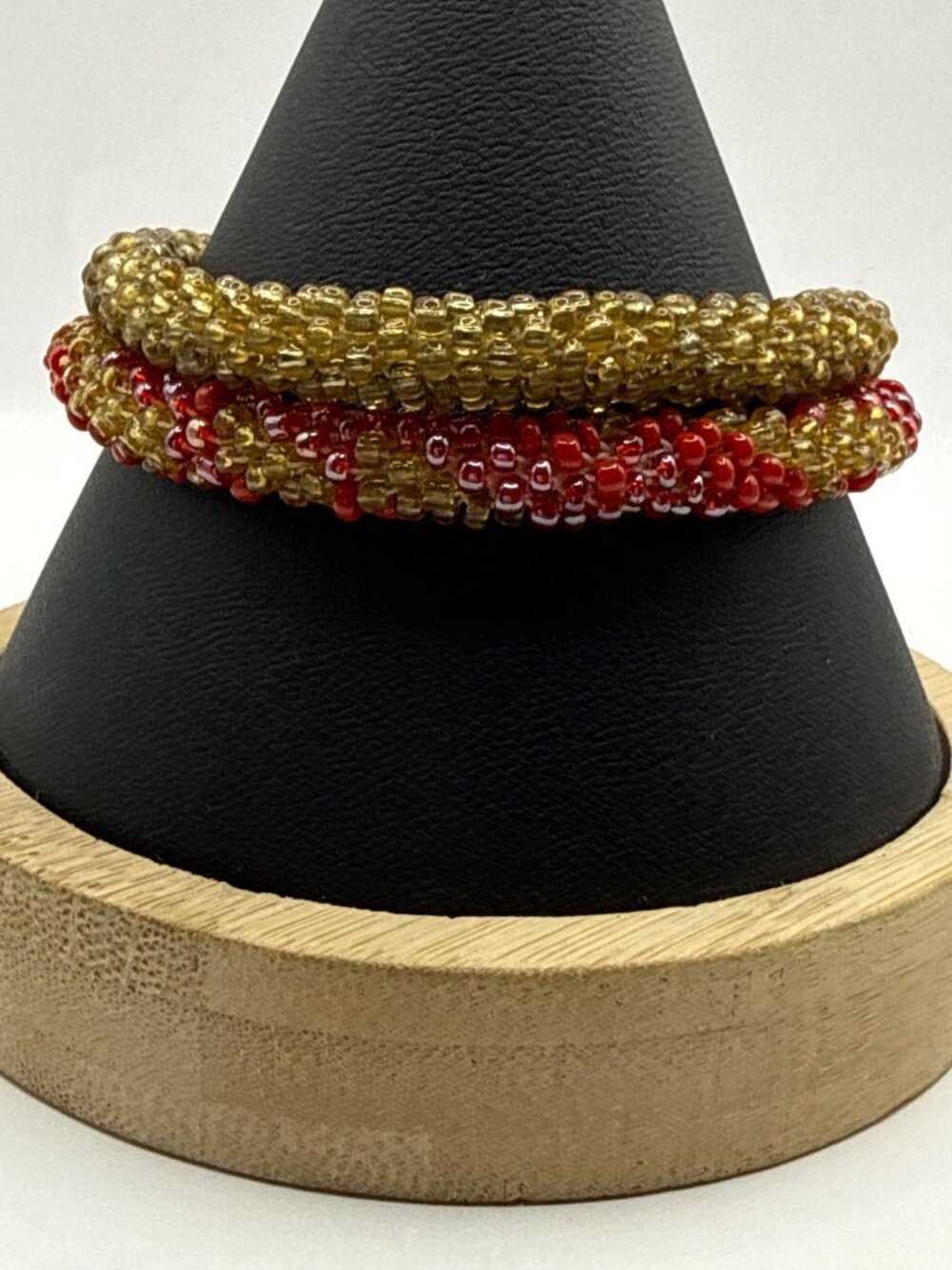 Handmade Nepal Glass Seed Bead Roll-On Crochet Bracelet Gold Red Boho Minimalist